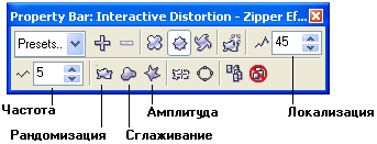Панель атрибутов инструмента Interactive Distortion (Интерактивная деформация) при выборе деформации зигзага Панель атрибутов инструмента Interactive Distortion (Интерактивная деформация) при выборе деформации зигзага